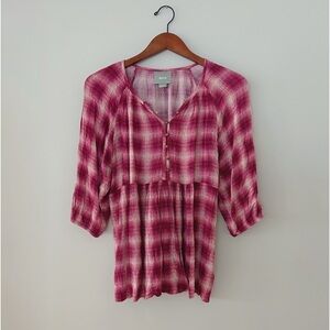 Anthropologie Maeve Pink Plaid Button Down Blouse Sz S